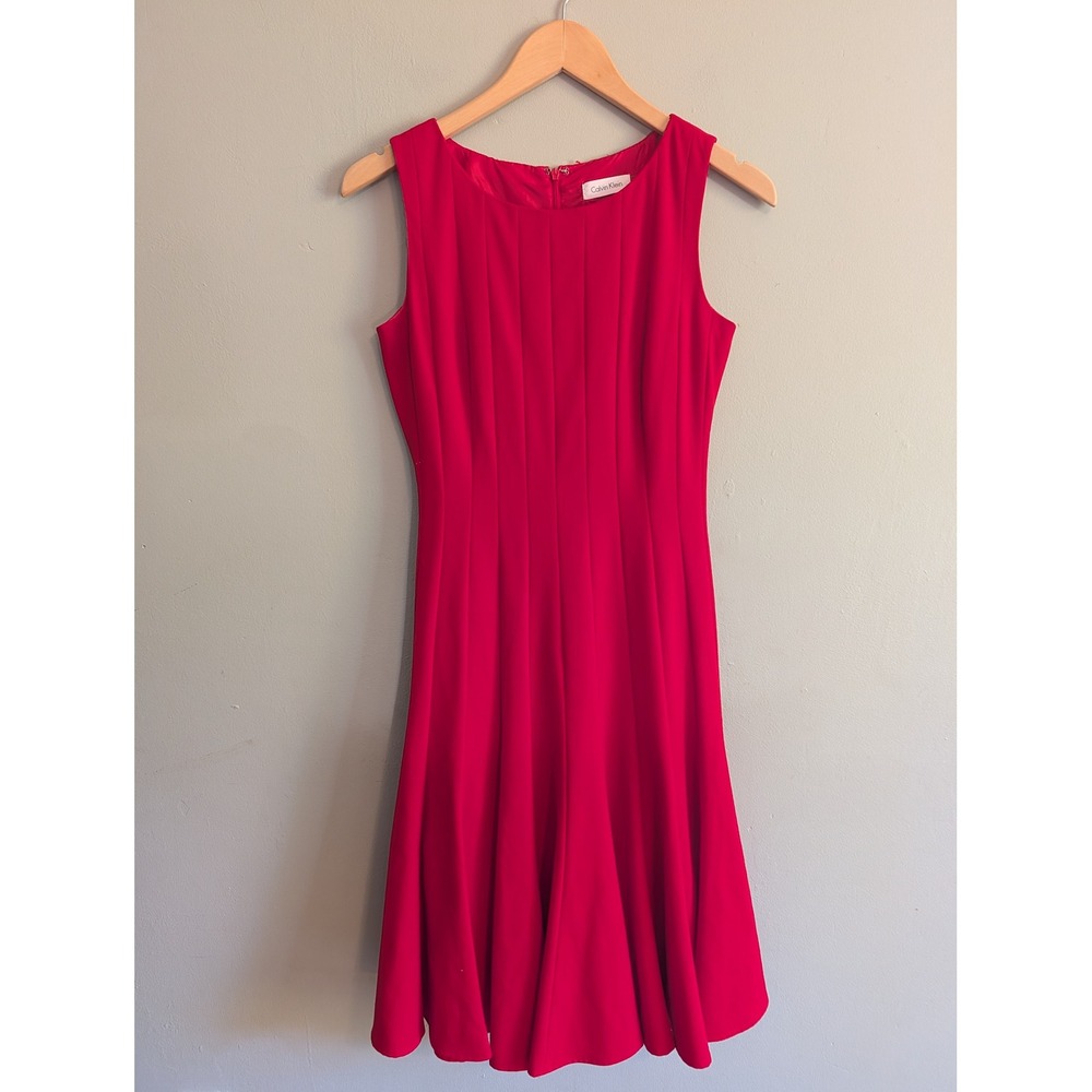 Calvin Klein Red Pintuck Sleeveless Fit and Flare Dress Career Cocktail Size 2